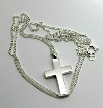 Solid New Sterling Silver 925 Plain Cross Pendant & 45cm Kerb Chain Necklace