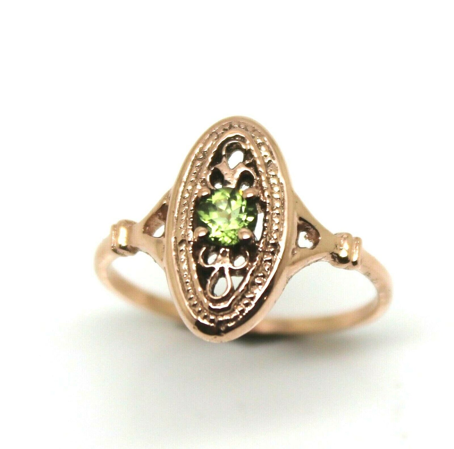 Size N 9ct Yellow, Rose or White Gold Delicate Green Peridot Filigree Ring