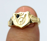 Solid Australian Sapphire 9ct Yellow Gold Shield Signet Ring Size K Engraved with Letter S- FREE POST