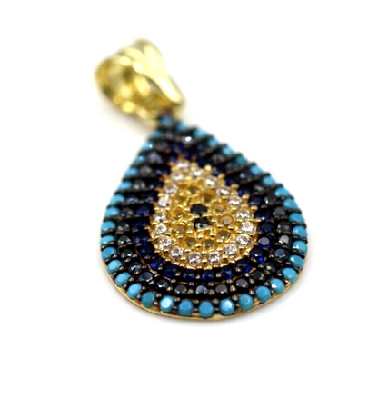 Genuine 14ct Yellow Gold CZ Teardrop Evil Eye Turquoise Pendant -Free post