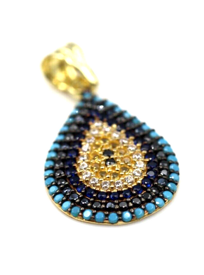 Genuine 14ct Yellow Gold CZ Teardrop Evil Eye Turquoise Pendant -Free post