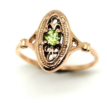 Size N 9ct Yellow, Rose or White Gold Delicate Green Peridot Filigree Ring