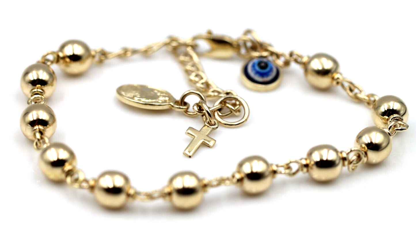 Genuine 9ct Yellow, Rose or White Gold 6mm Ball Rosary Bead bracelet 21cm long + Cross + Evil Eye Charm