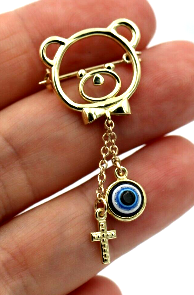 Genuine 14ct Yellow Gold Baby Child's Kids Teddy Bear Cross Brooch Evil Eye Mati