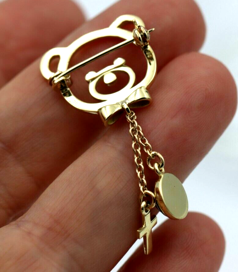 Genuine 14ct Yellow Gold Baby Child's Kids Teddy Bear Cross Brooch Evil Eye Mati