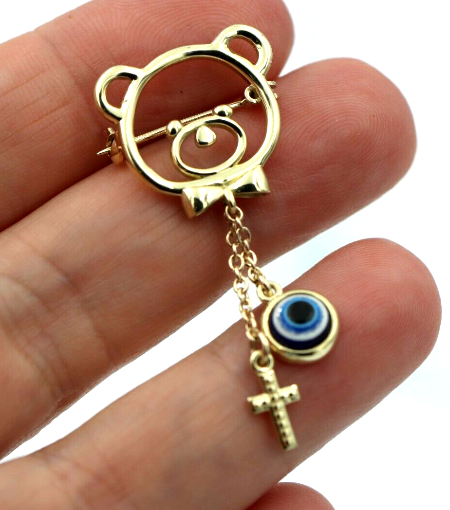 Genuine 14ct Yellow Gold Baby Child's Kids Teddy Bear Cross Brooch Evil Eye Mati