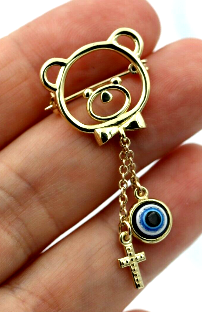 Genuine 14ct Yellow Gold Baby Child's Kids Teddy Bear Cross Brooch Evil Eye Mati