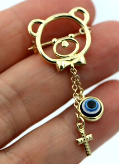 Genuine 14ct Yellow Gold Baby Child's Kids Teddy Bear Cross Brooch Evil Eye Mati