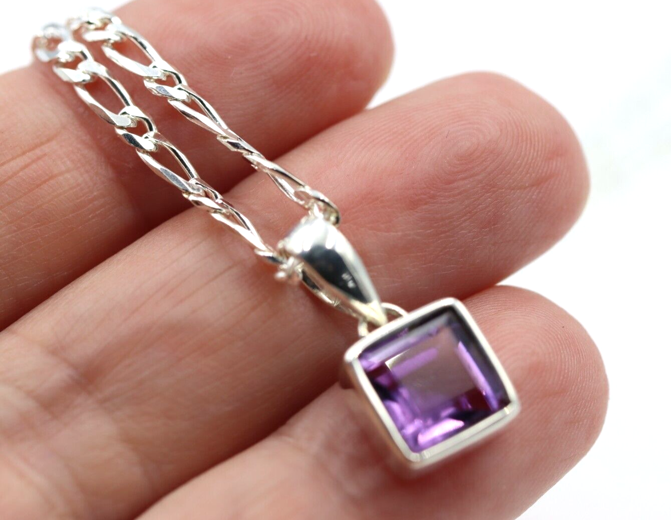 Sterling Silver Square Bezel Set Natural Amethyst Pendant + Necklace