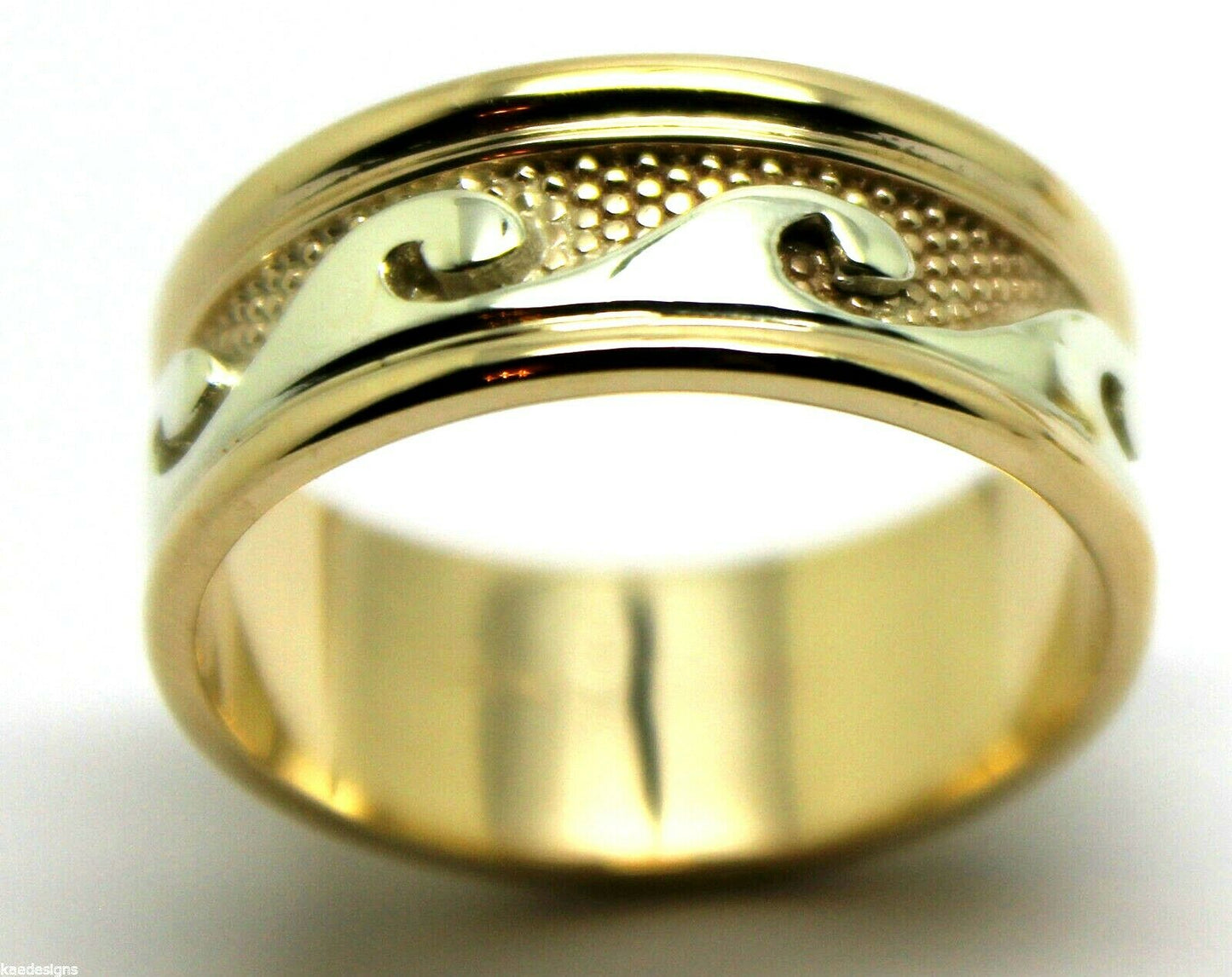 Size Q / 8, Solid Genuine 9ct 9kt Yellow And White Gold Mens Surf Wave Ring