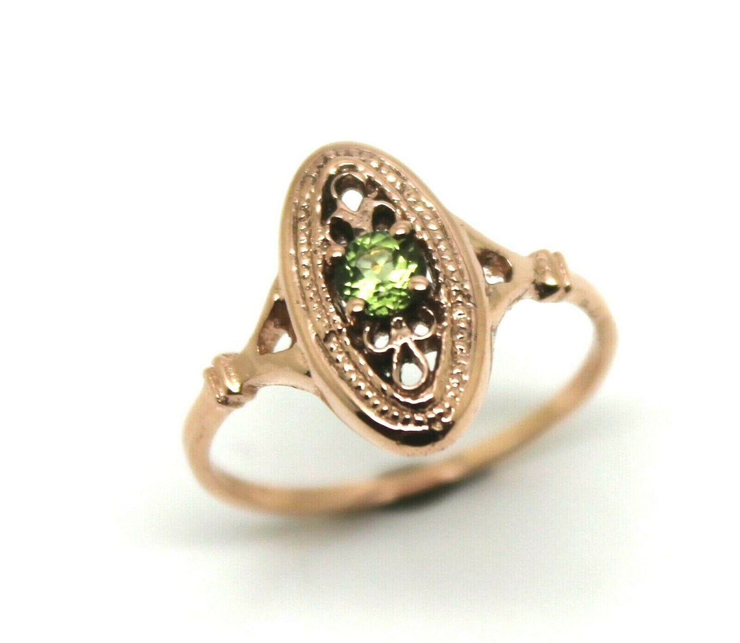 Size N 9ct Yellow, Rose or White Gold Delicate Green Peridot Filigree Ring