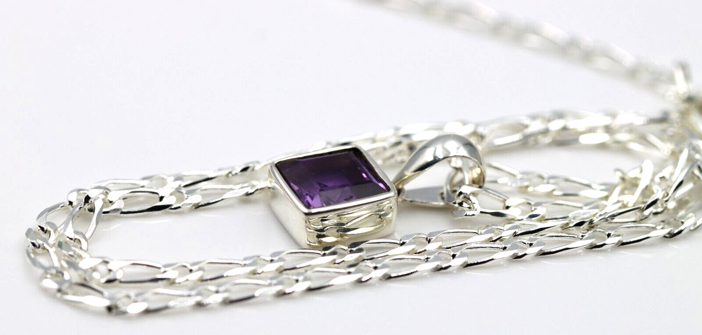 Sterling Silver Square Bezel Set Natural Amethyst Pendant + Necklace