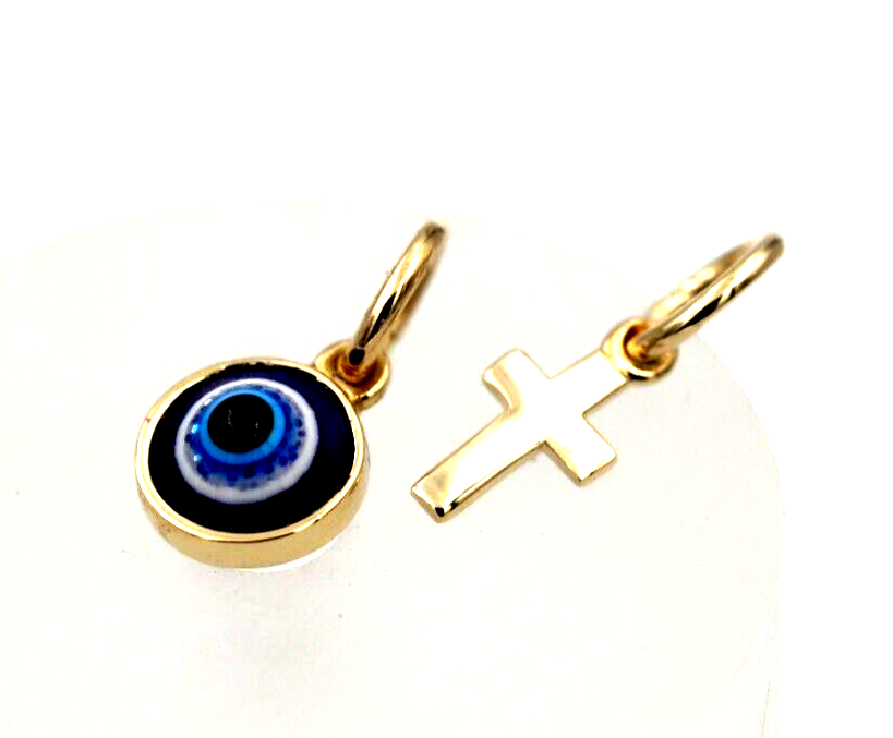 Genuine 9ct Yellow, Rose or White Gold Greek Mati Nazar Lucky Evil Eye + Cross Charm or Pendant