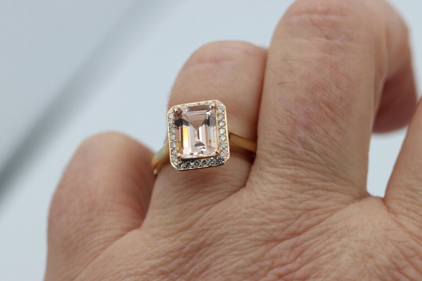 New Genuine 18ct Yellow Gold 2.3ct Emerald Cut Morganite & Diamond Dress Ring - Last one!