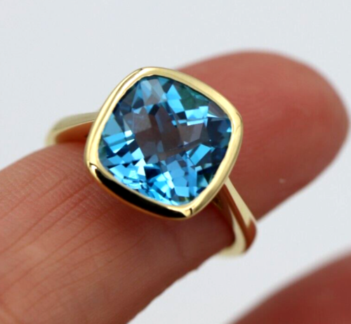 Genuine 9ct Yellow Gold Bezel Set Blue Topaz November Ring - Last one! Free post