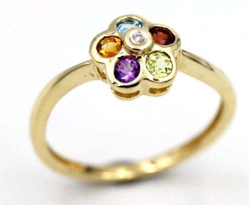 Genuine 9ct Yellow Gold Diamond & Multicoloured Flower Ring - Last one - Free post