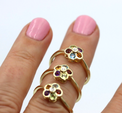 Genuine 9ct Yellow Gold Diamond & Multicoloured Flower Ring - Last one - Free post