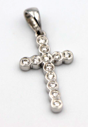 0.15cts Bezel Set 18ct 750 White Gold Round Diamond Cross Pendant -Free post