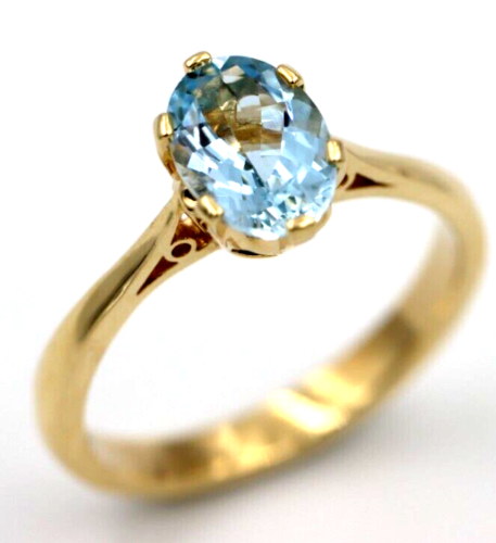 Size O 9ct Yellow Gold Oval Aquamarine Birthstone March Ring - Free post