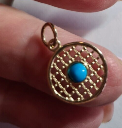 9ct Genuine Yellow, Rose or White Gold 13.5mm Turquoise Filigree Disc Round Circle Pendant