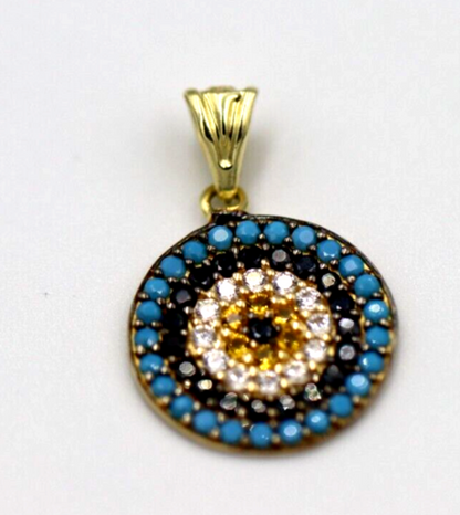 Genuine 14ct Yellow Gold Cubic Zirconia Greek Mati Round Evil Eye Turquoise Pendant