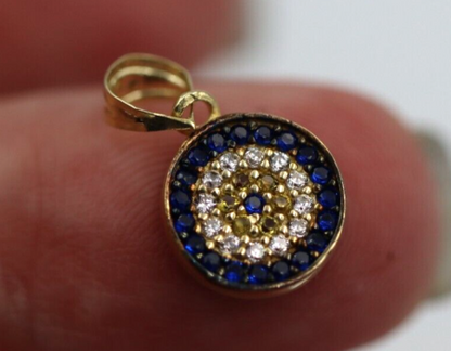 Genuine 14ct Yellow Gold CZ Small Round Greek Mati Evil Eye Turquoise Pendant Reversible