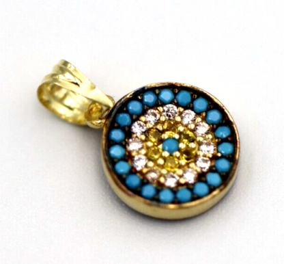 Genuine 14ct Yellow Gold CZ Small Round Greek Mati Evil Eye Turquoise Pendant Reversible