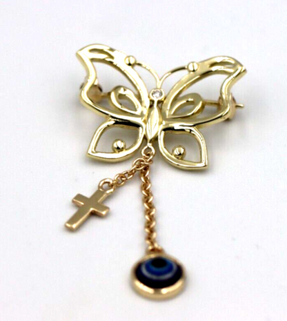 Genuine 9ct, 14ct or 18ct Yellow Gold Baby Child's Kids Butterfly Diamond Cross Brooch Evil Eye Mati