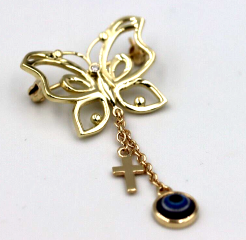 Genuine 9ct, 14ct or 18ct Yellow Gold Baby Child's Kids Butterfly Diamond Cross Brooch Evil Eye Mati