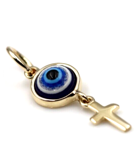 Genuine 9ct Yellow, Rose or White Gold Greek Mati Nazar Lucky Evil Eye + Cross Charm or Pendant