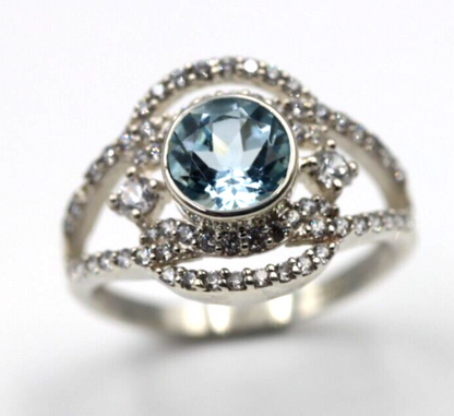 Size S Genuine Sterling Silver Fancy Blue Topaz CZ Ring