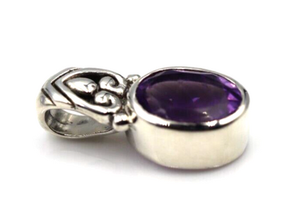 Sterling Silver Oval Bezel Set Natural Amethyst Pendant /Charm