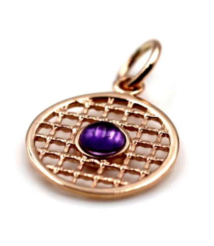 9ct Genuine Yellow, Rose or White Gold 13.5mm Cabochon Amethyst Filigree disc round circle pendant