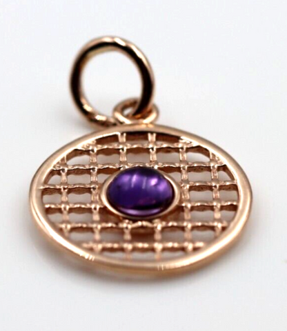 9ct Genuine Yellow, Rose or White Gold 13.5mm Cabochon Amethyst Filigree disc round circle pendant