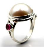 Size O Sterling Silver 925 Tourmaline + Mabe Pearl Ring -Free express post