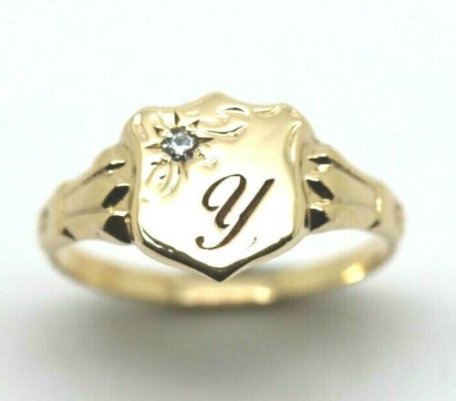 Genuine 9ct Small Yellow, Rose or White Gold Cubic Zirconia Shield Signet Ring Engraving of one initial