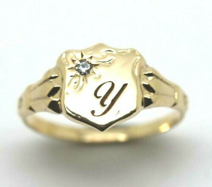 Genuine 9ct Small Yellow, Rose or White Gold Cubic Zirconia Shield Signet Ring Engraving of one initial