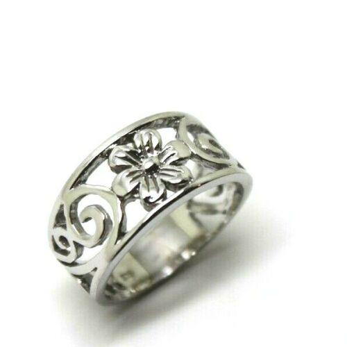 Genuine Ring Size P - Solid 9ct 9k 375 White Gold Swirl Flower Wide Ring
