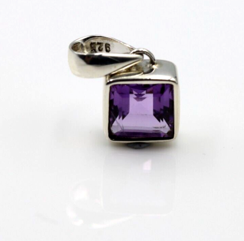 Sterling Silver Square Bezel Set Natural Amethyst Pendant /Charm