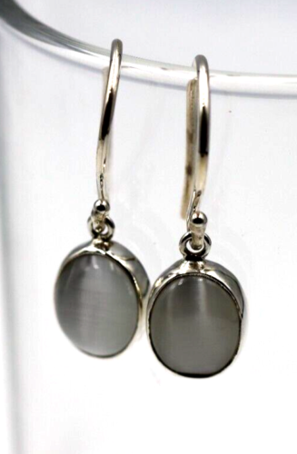 Genuine Sterling Silver Oval Bezel White Cat's Eye Hook Earrings