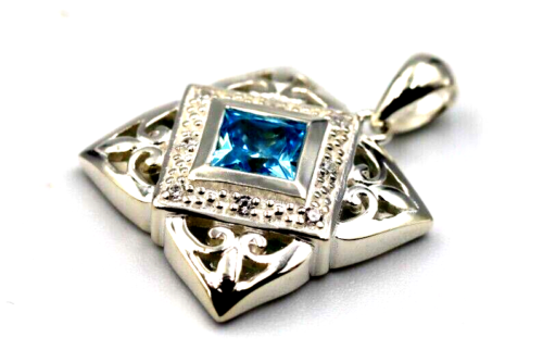 Solid Sterling Silver Square CZ Blue Stone Swirl Pendant