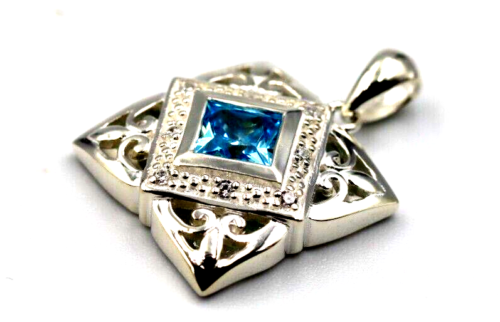 Solid Sterling Silver Square CZ Blue Stone Swirl Pendant *Free Express Post