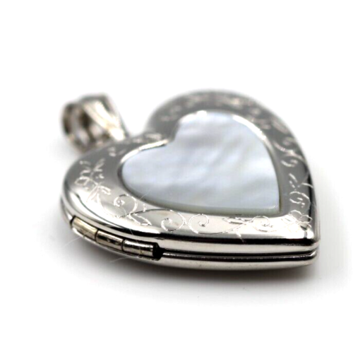 Sterling Silver Mother of Pearl Heart Pendant Locket for 2 pictures