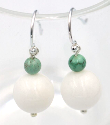 Sterling Silver 925 Turquoise / White Agate Ball Hook Earrings