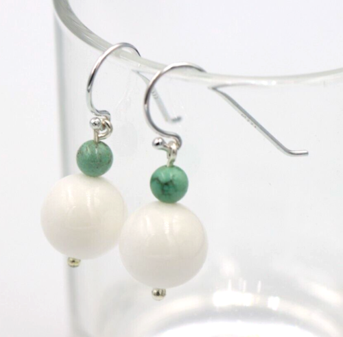 Sterling Silver 925 Turquoise / White Agate Ball Hook Earrings