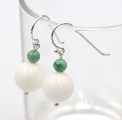 Sterling Silver 925 Turquoise / White Agate Ball Hook Earrings