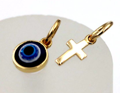 Genuine 9ct Yellow, Rose or White Gold Greek Mati Nazar Lucky Evil Eye + Cross Charm or Pendant