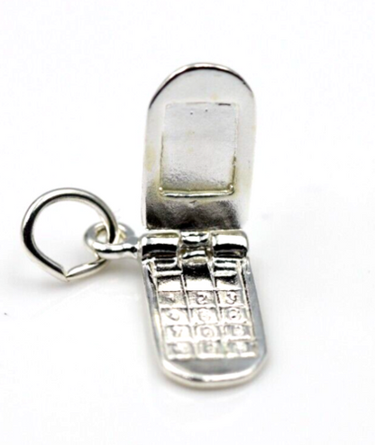 Sterling Silver 925 Solid 3D Mobile flip Phone Telephone Pendant