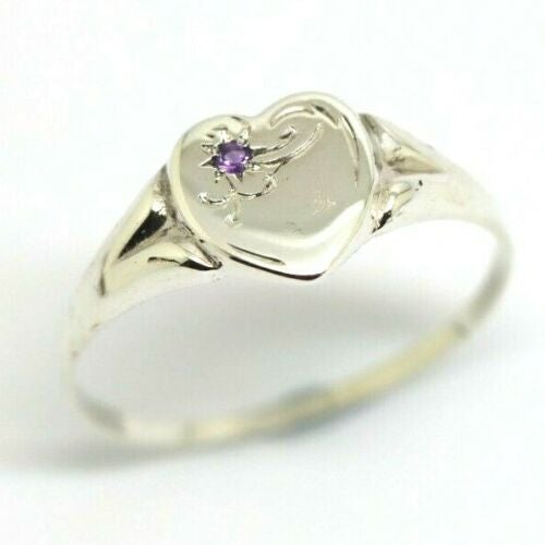 Size S Genuine Large Sterling Silver Heart Set with Amethyst Signet Ring 265