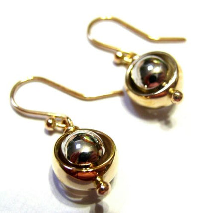 Genuine 9ct 9kt White & Yellow Gold Spinning Belcher Ball Drop Earrings